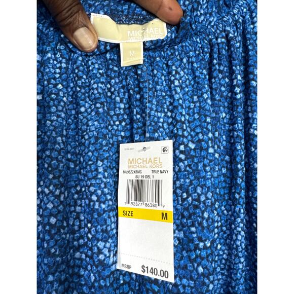 NWT Michael Kors On Off Shoulder Ruffle Dress Mosaic Blue M Cottagecore Tiered - Picture 6 of 8